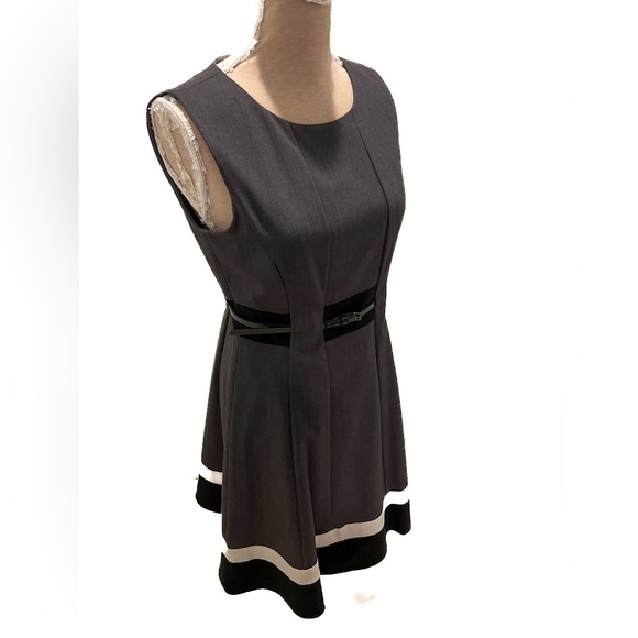Calvin Klein Gray Sleeveless Belted Fit & Flare Striped Dress - Picture 3 of 12